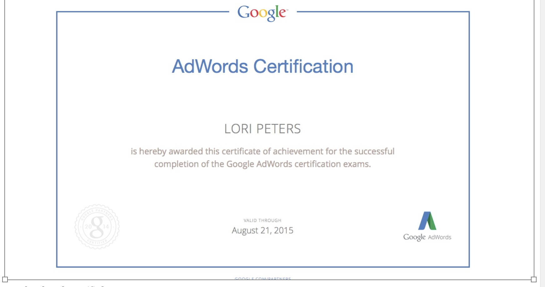 Lori Peters is Certified in Google Adwords